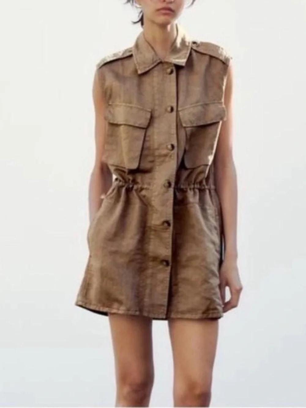 Zara Tan Safari Cargo Buttoned Mini Dress. Waist Drawstring. - Picture 1 of 12